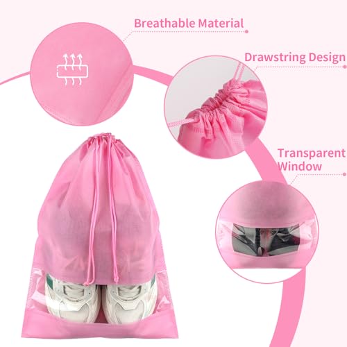 Coidea Pink Travel Shoe Bags - 5 Pcs Non-Woven Drawstring Packing Bags with Clear Window (15.7" x 11.8") - Image 3