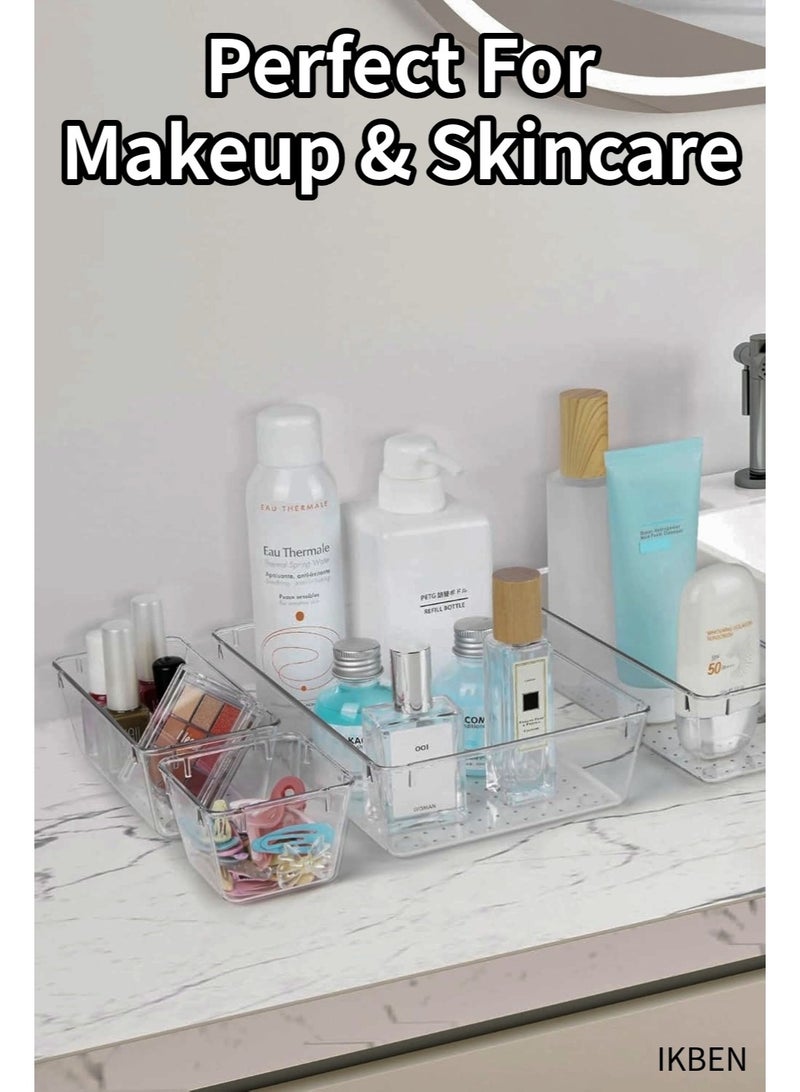 أيكبين مجموعة منظم الأدراج الشفافة من IKBEN مكوّنة من 17 قطعة – 6 أحجام من صناديق التخزين البلاستيكية للمطبخ والحمام والطاولة ومنتجات التجميل والمكتب – فواصل متعددة الاستخدامات مع منظم إضافي مجاني - Image 5