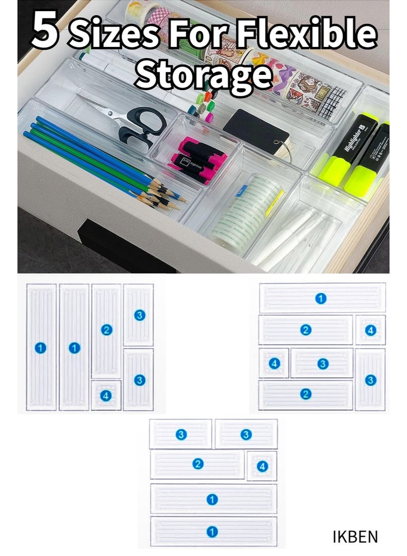 أيكبين مجموعة منظم الأدراج الشفافة من IKBEN مكوّنة من 17 قطعة – 6 أحجام من صناديق التخزين البلاستيكية للمطبخ والحمام والطاولة ومنتجات التجميل والمكتب – فواصل متعددة الاستخدامات مع منظم إضافي مجاني - Image 3