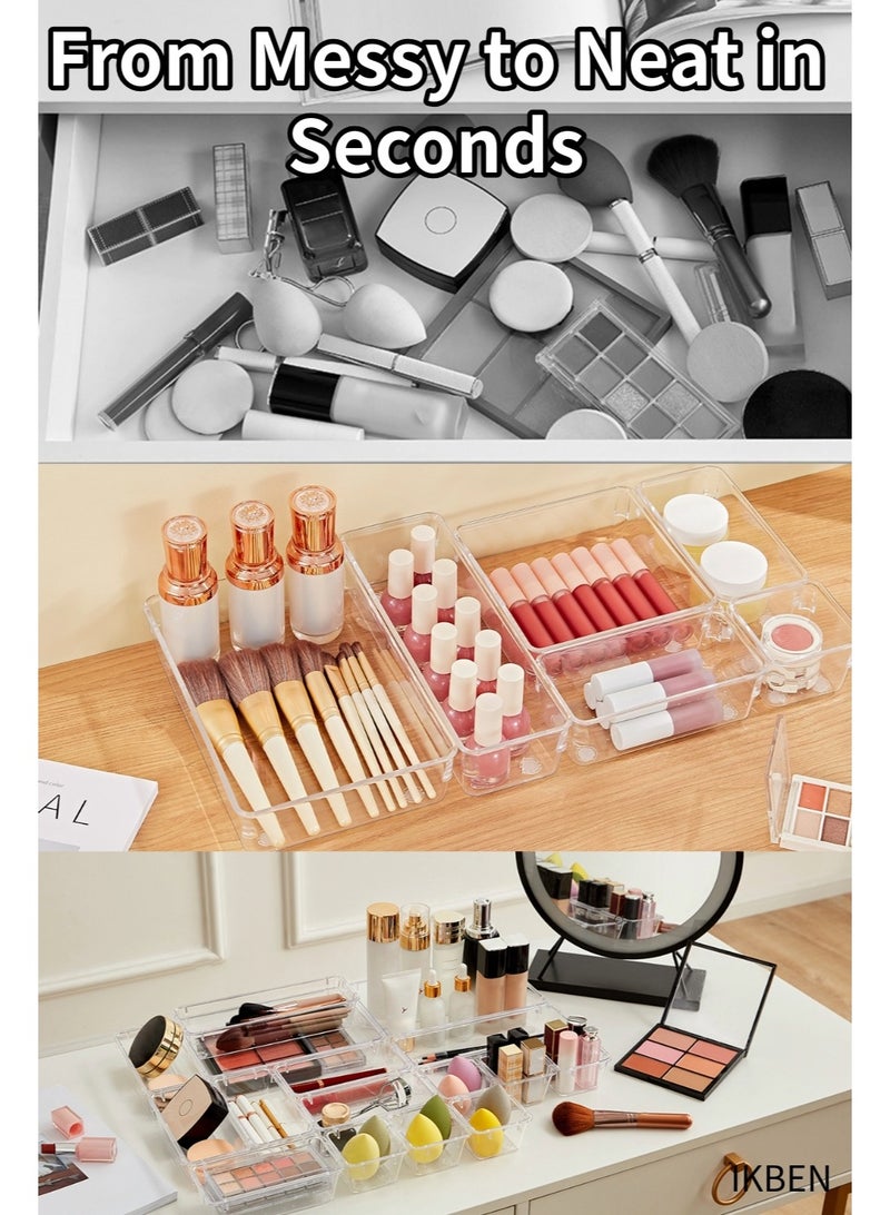 أيكبين مجموعة منظم الأدراج الشفافة من IKBEN مكوّنة من 17 قطعة – 6 أحجام من صناديق التخزين البلاستيكية للمطبخ والحمام والطاولة ومنتجات التجميل والمكتب – فواصل متعددة الاستخدامات مع منظم إضافي مجاني - Image 2