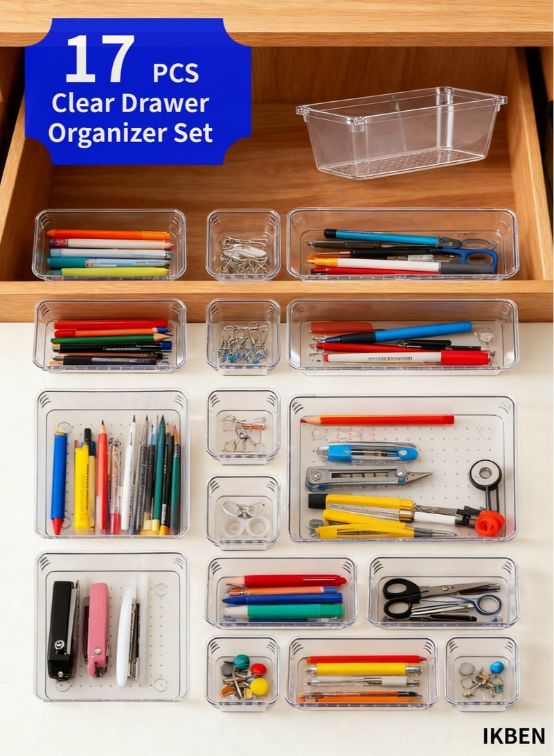 أيكبين مجموعة منظم الأدراج الشفافة من IKBEN مكوّنة من 17 قطعة – 6 أحجام من صناديق التخزين البلاستيكية للمطبخ والحمام والطاولة ومنتجات التجميل والمكتب – فواصل متعددة الاستخدامات مع منظم إضافي مجاني - Image 1