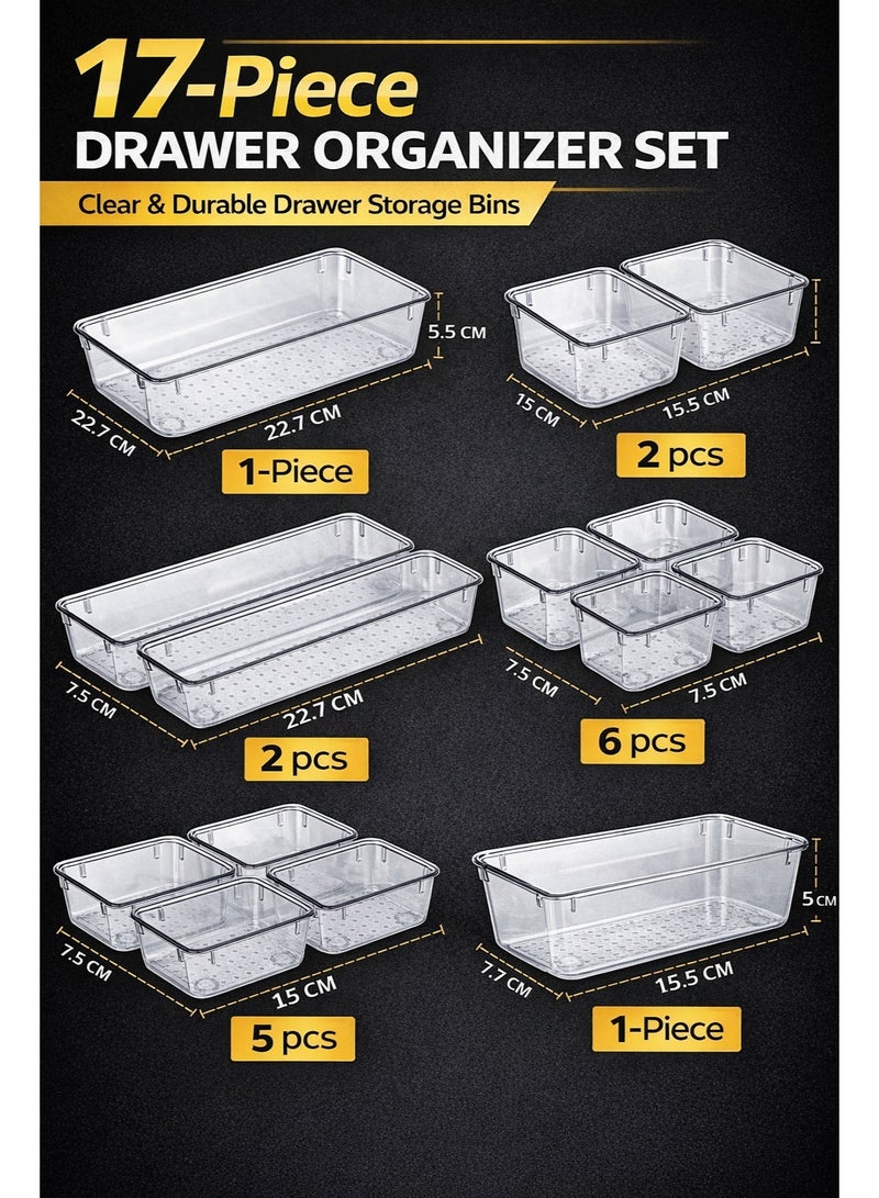 IKBEN 17-Piece Drawer Organizer Set – Practical Size Storage Bins for Kitchen, Bathroom, Vanity & Office, Clear Plastic Drawer Organization System - Image 2