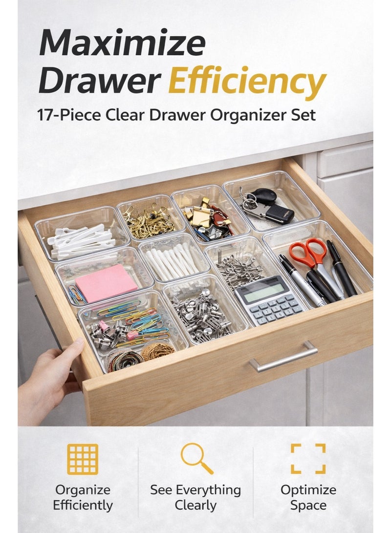 IKBEN 17-Piece Drawer Organizer Set – Practical Size Storage Bins for Kitchen, Bathroom, Vanity & Office, Clear Plastic Drawer Organization System - Image 3