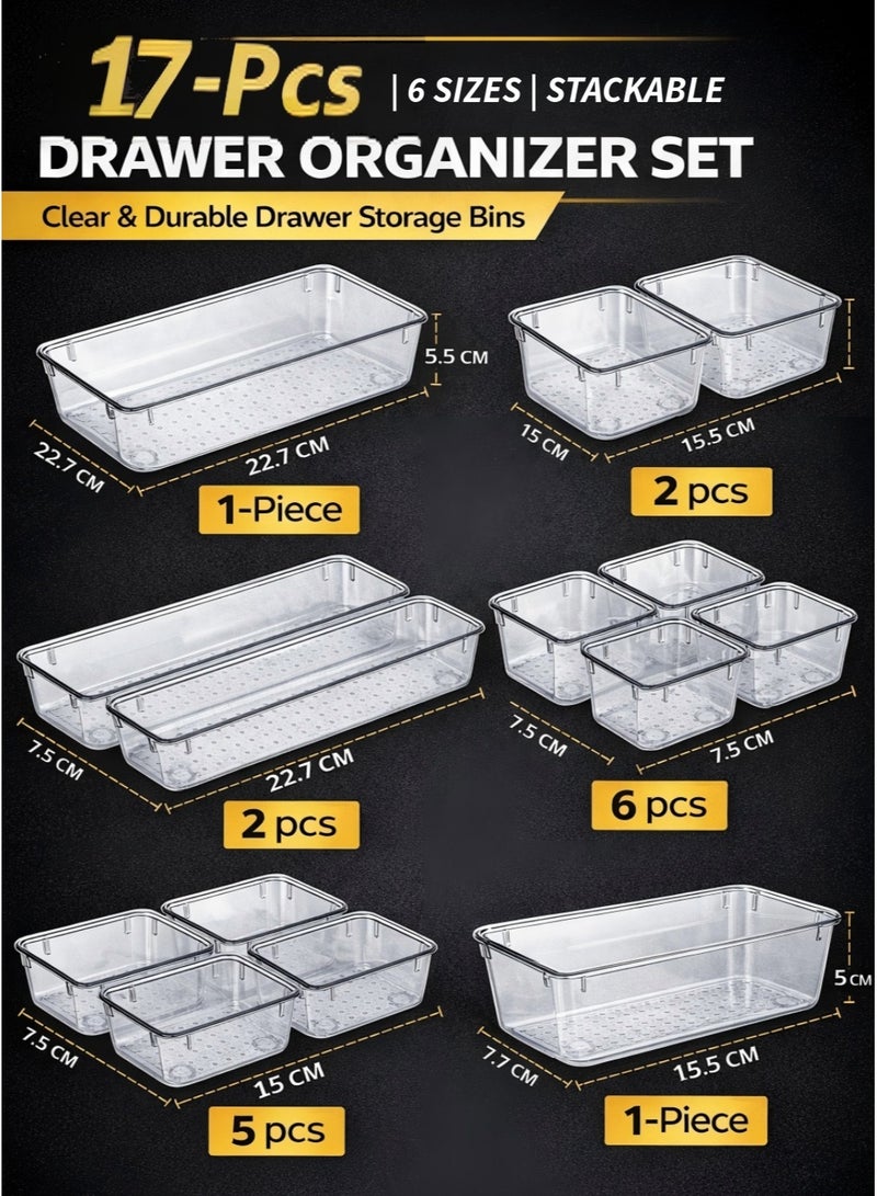 IKBEN 17-Piece Clear Drawer Organizer Set (6 Sizes), Stackable Plastic Storage Trays for Kitchen Utensils, Bathroom, Vanity & Office - Image 2