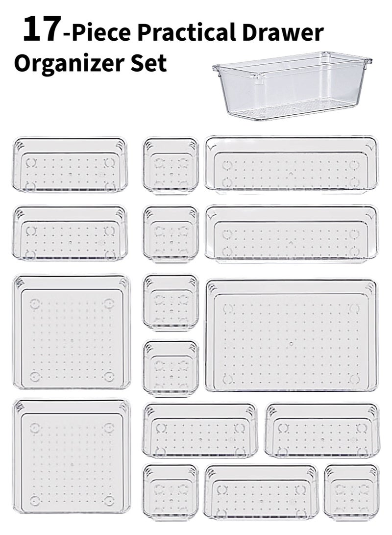 IKBEN 17-Piece Clear Drawer Organizer Set (6 Sizes), Stackable Plastic Storage Trays for Kitchen Utensils, Bathroom, Vanity & Office - Image 1