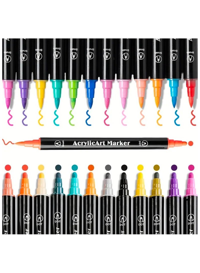 Generic 12-Piece Dual Tip Acrylic Paint Marker, Premium Non-toxic Acrylic Paint Pens With Dot and Brush End For Rock, Glass, Cloth, Wood, Ideal for Arabic Calligraphy & DIY Art - Image 1