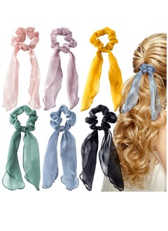 KASTWAVE Silk Bow Scrunchies for Hair, Elastic Bow Hair Tie Ear Scrunchies for Women Girls 6pcs, Vintage Non Slip Satin Hair Ropes Scarf Headbands Ponytail Holder  - Image 1