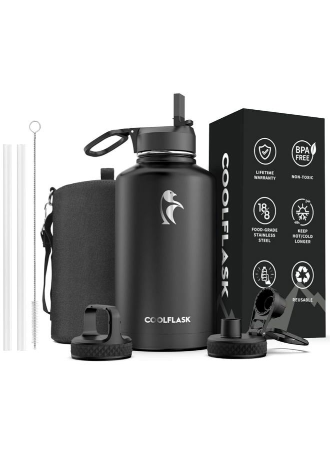 Coolflask 64 oz Water Bottle Insulated with Straw & 3 Lids, Large Metal Stainless Steel Water Jug Big Half Gallon Wide Mouth for Sports, Gym or Office, BPA-Free Keep Cold 48H Hot 24H, Magic Black - Image 1