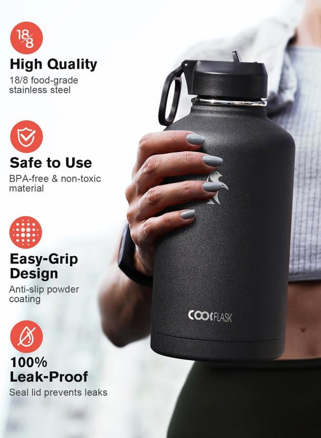 Coolflask 64 oz Water Bottle Insulated with Straw & 3 Lids, Large Metal Stainless Steel Water Jug Big Half Gallon Wide Mouth for Sports, Gym or Office, BPA-Free Keep Cold 48H Hot 24H, Magic Black - Image 3