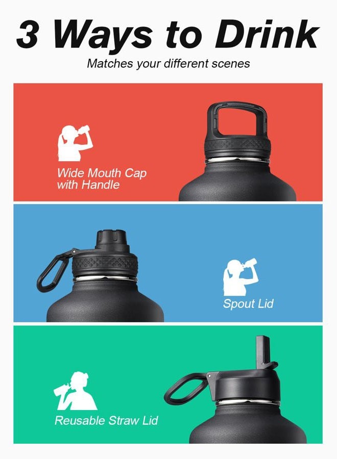 Coolflask 64 oz Water Bottle Insulated with Straw & 3 Lids, Large Metal Stainless Steel Water Jug Big Half Gallon Wide Mouth for Sports, Gym or Office, BPA-Free Keep Cold 48H Hot 24H, Magic Black - Image 4