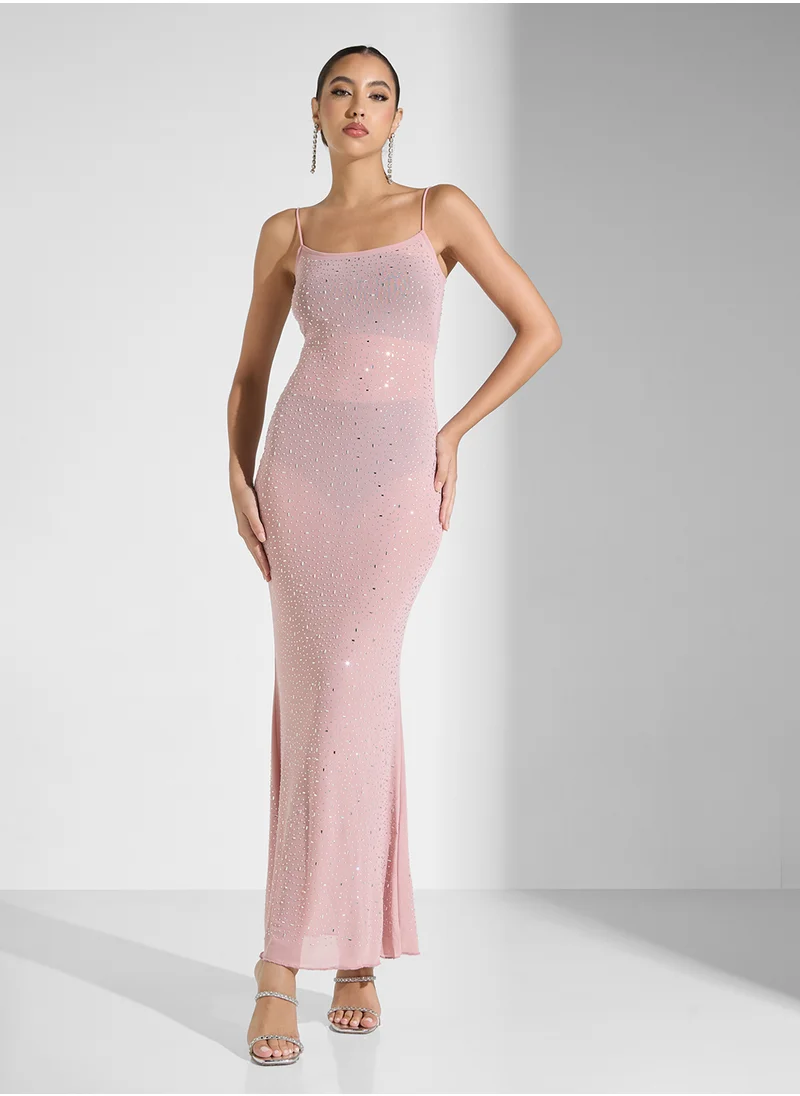 Ginger Embellished Square Neck Evening Dress In Blush