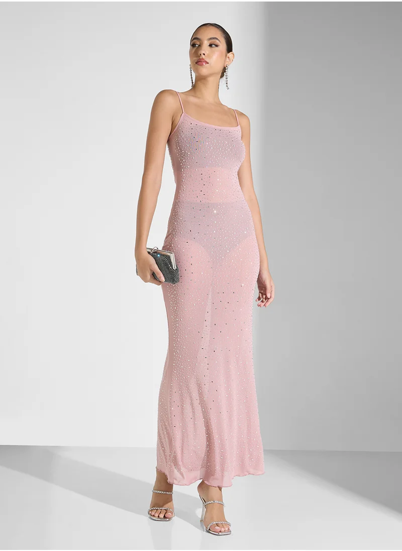 Ginger Embellished Square Neck Evening Dress In Blush