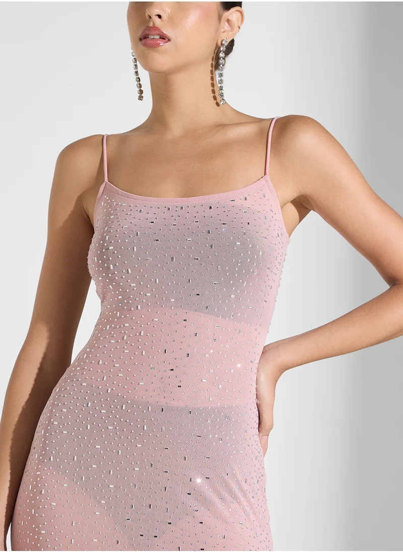 Ginger Embellished Square Neck Evening Dress In Blush