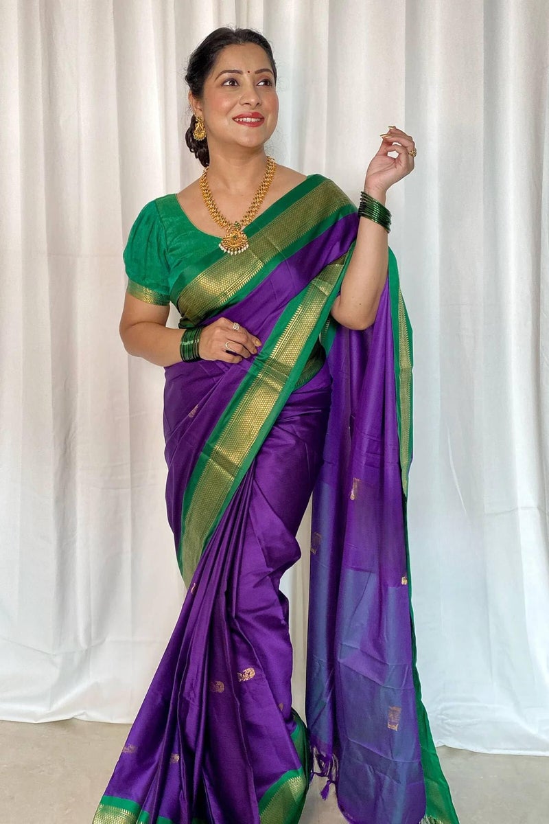 SGF11 Women's Kanjivaram Soft Lichi Silk Saree With Blouse Piece (Bluish Purple) - Image 4