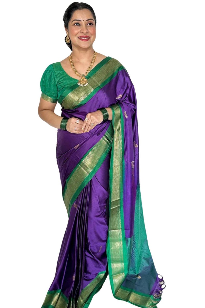SGF11 Women's Kanjivaram Soft Lichi Silk Saree With Blouse Piece (Bluish Purple) - Image 1
