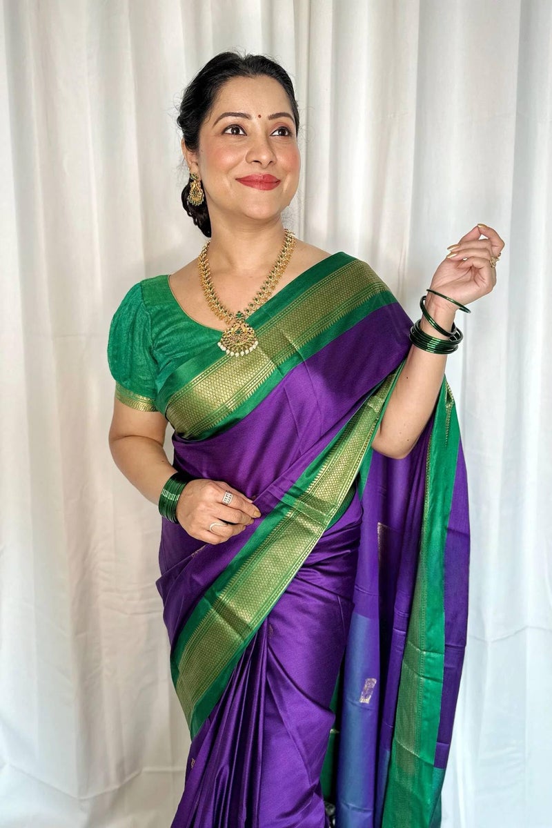 SGF11 Women's Kanjivaram Soft Lichi Silk Saree With Blouse Piece (Bluish Purple) - Image 3