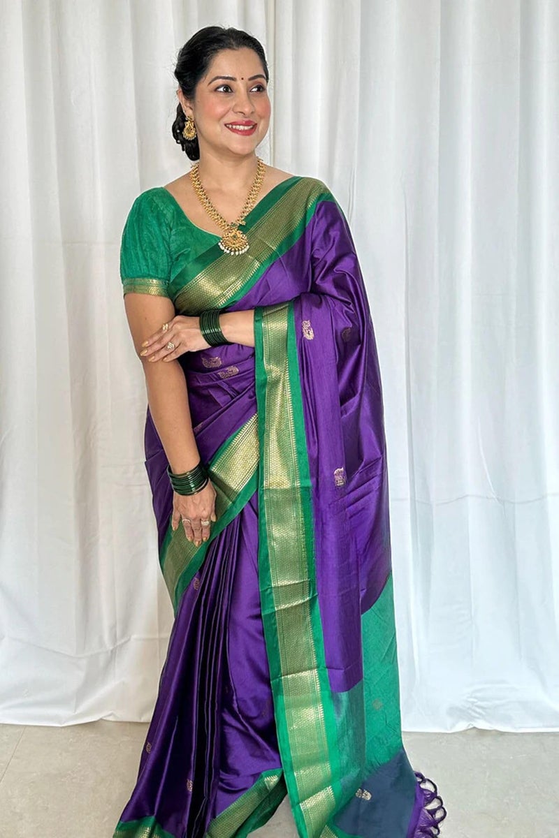SGF11 Women's Kanjivaram Soft Lichi Silk Saree With Blouse Piece (Bluish Purple) - Image 5