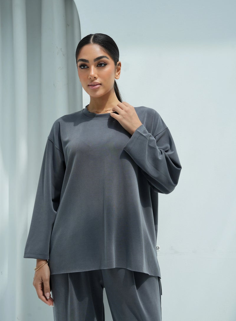 Andy 6653 | Women's Premium Cotton Oversized Two-Piece Lounge Set – Relaxed Fit Top with Long Sleeves and Wide-Leg Pants | Dark Grey