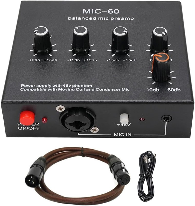 Balanced 3 Channel Microphone Preamp 60db Gain With XLR Cable For 5V 48V Condenser Dynamic Mic - Image 1
