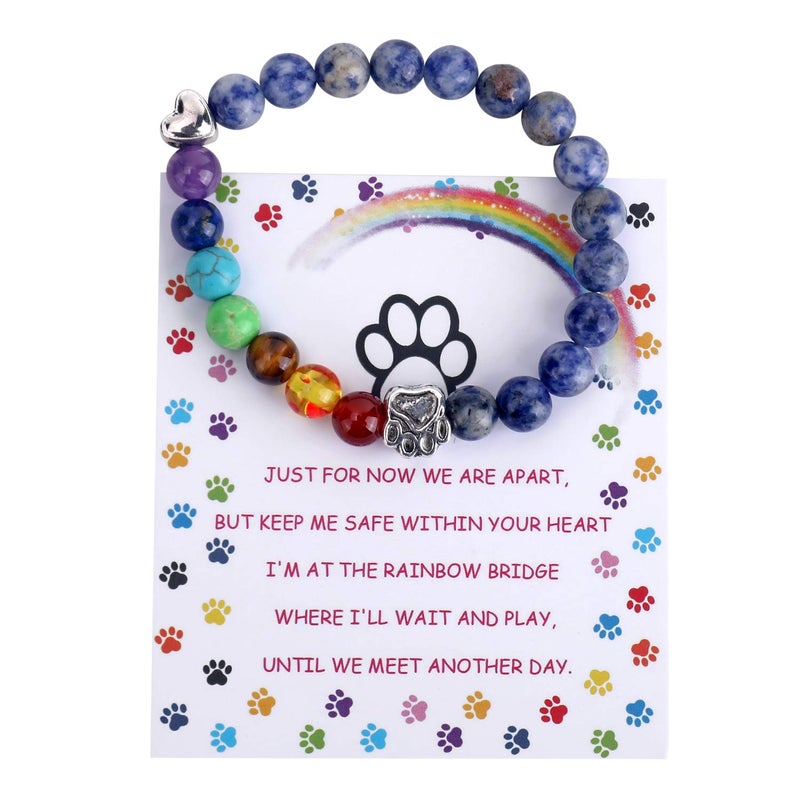 Unijew Pet Memorial Gifts, Rainbow Bridge Bracelet for Beloved Dog Cat, 8MM Mixed Color Bead 7 Chakra Memorial Bracelet for Women Men Who Lost Pets, Pet Sympathy Gift