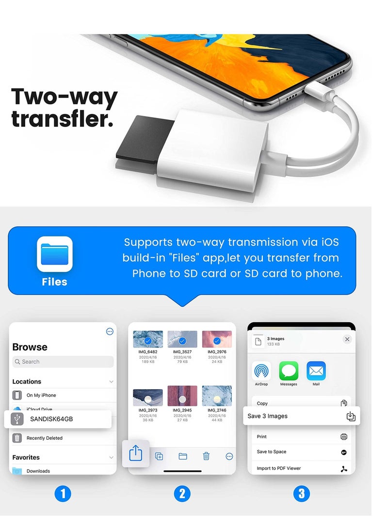 SYOSI - SD Card Reader for iPhone iPad Micro SD Card Reader with Dual Slots Compatible with iPhone Trail Camera Viewer Reader Plug and Play White - Image 1