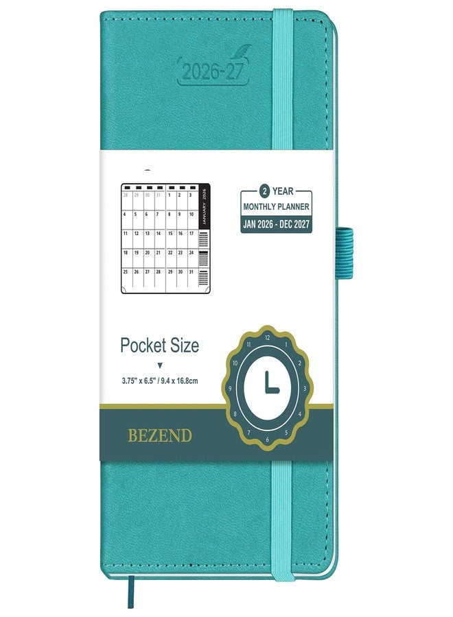 BEZEND 2 Year Month to View Pocket Diary 2026-2027 PU Leather Hardback, Slim Monthly Planner runs Jan’26 to Dec’27 with Back Pocket, 100 GSM Thick Paper - Small Size 16.5 x 9 cm, Turquoise - Image 1