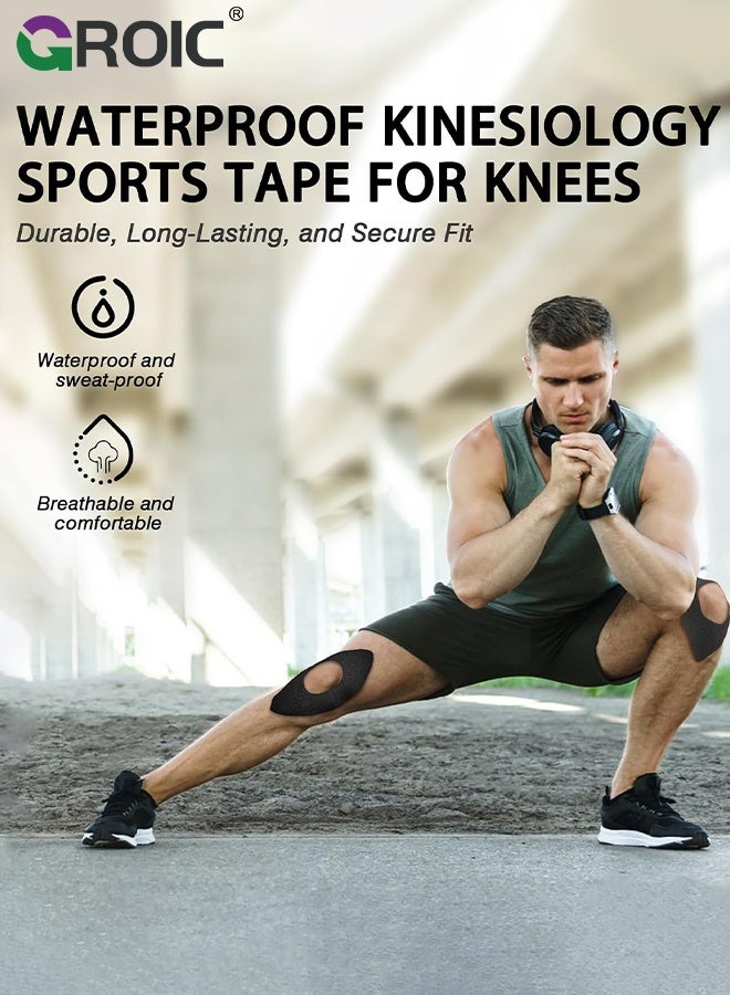 GROIC Kinesiology Tape for Knees, 10 Pcs Precut Kinesiology Tape for Knee Pain Relief & Support, Waterproof & Elastic Athletic Tape for Knee Stability, Breathable & Comfortable Knee Tape - Image 2