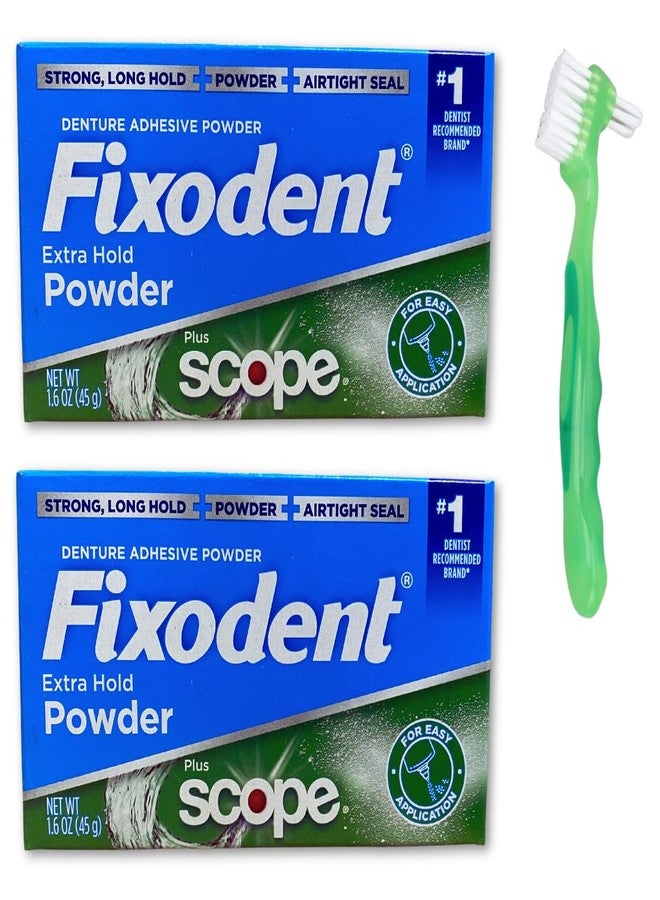 Fixodent Extra Hold Denture Adhesive Powder Pack of 2 with 1 Denture Brush (3 Items) - Image 1