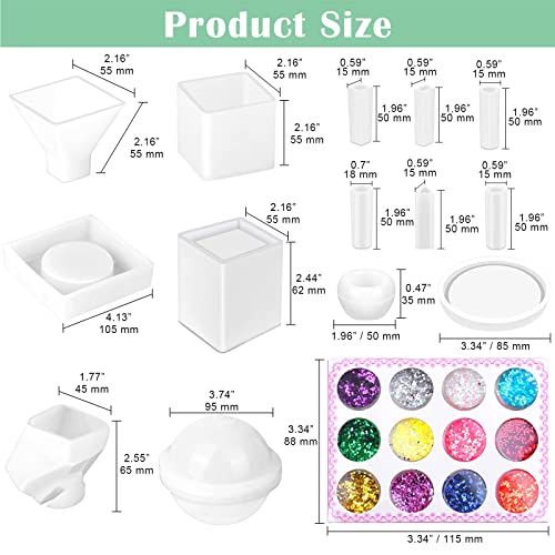 Acejoz Silicone Resin Molds Kit 26PCS, Epoxy Molds, Large Casting with 12 Glitter Sequins for UV Casting, Including Sphere, Cube, Pyramid, Square, Coaster, Stone & Pendants - Image 2