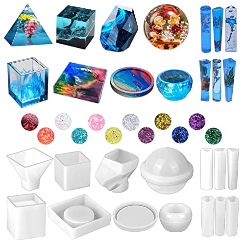 Acejoz Silicone Resin Molds Kit 26PCS, Epoxy Molds, Large Casting with 12 Glitter Sequins for UV Casting, Including Sphere, Cube, Pyramid, Square, Coaster, Stone & Pendants - Image 1