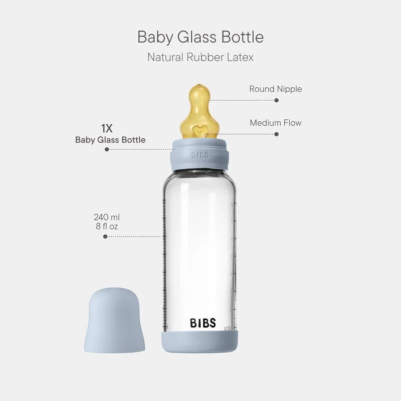 BIBS BIBS Glass Baby Bottle - 240ml - Medium Flow - Baby Blue