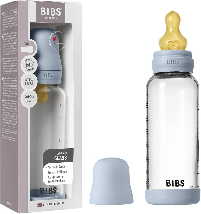 BIBS BIBS Glass Baby Bottle - 240ml - Medium Flow - Baby Blue