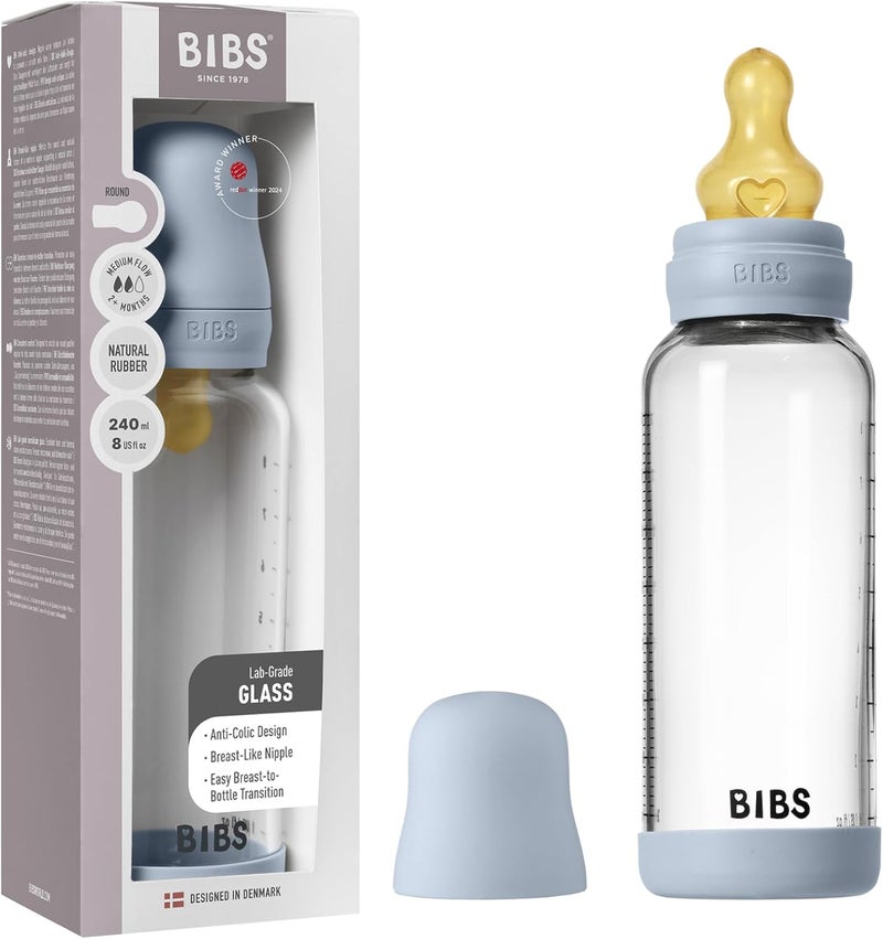 BIBS Glass Baby Bottle - 240ml - Medium Flow - Baby Blue - Image 1