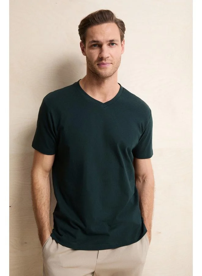 GRIMELANGE ALMERI Men's 100% Cotton Soft Fabric V-Neck Green T-Shirt.