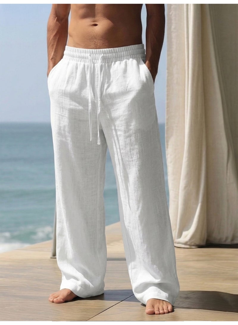 Men's Casual Wide Leg Pants Elastic Waist Drawstring Loose Fit Summer Beach Trousers Loungewear White - Image 1