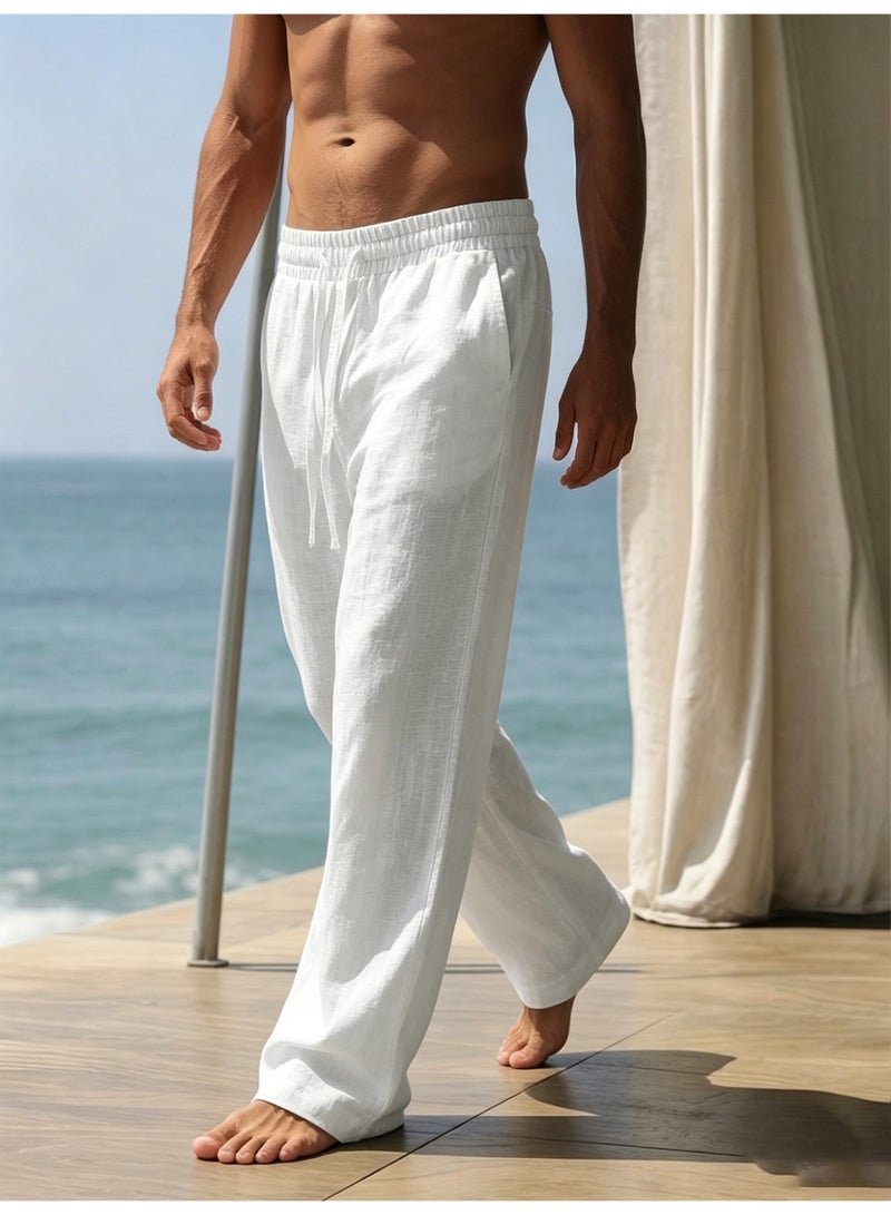 Men's Casual Wide Leg Pants Elastic Waist Drawstring Loose Fit Summer Beach Trousers Loungewear White - Image 2