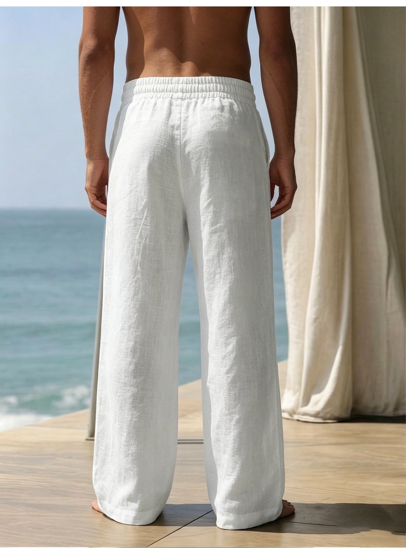 Men's Casual Wide Leg Pants Elastic Waist Drawstring Loose Fit Summer Beach Trousers Loungewear White - Image 5