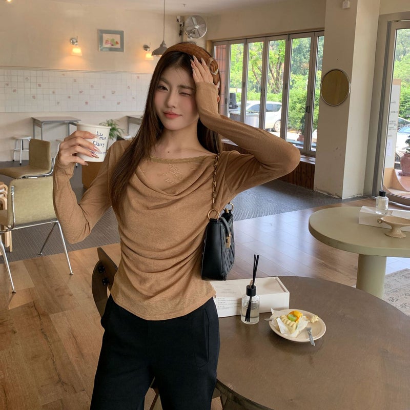 Women's Off-Shoulder Lace Spliced Asymmetrical Long Sleeve Slim Fit Blouse - Image 4