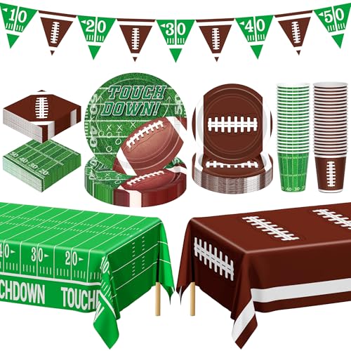 QZYL Football Party Decorations Serve 24, 99 Pcs Football Party Supplies, Disposable Football Dinner Plates Football Dessert Plates Napkins Cups Tablecloth Banner for Game Day Party Favors Decor - Image 1