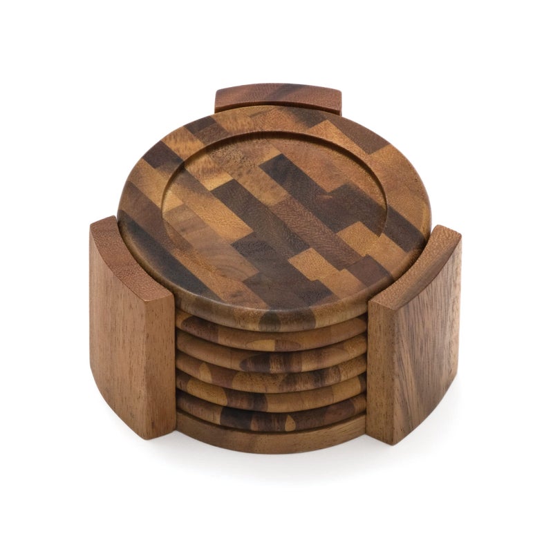 Lipper International Acacia End Grain Wood Round Coasters and Caddy, 7-Piece Set - Image 1
