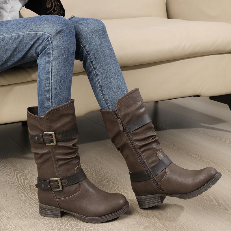 GLOBALWIN Mid-Calf Brown Comfortable Fashion Dress Boots For Women Low Heel Size 7M - Image 2