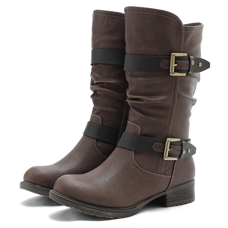 GLOBALWIN Mid-Calf Brown Comfortable Fashion Dress Boots For Women Low Heel Size 7M - Image 1