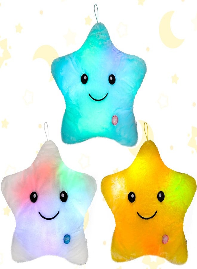 Unittype 3 Pack Lighted Star Plush Pillows 15.75 Inch Stuffed Cushion Decorative Throw Star Shaped Pillow Blue White Yellow for Birthday Gifts Bedroom Room Home Office - Image 1