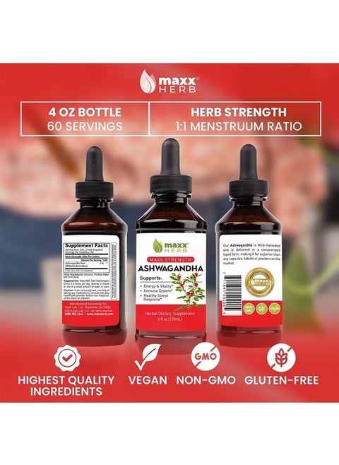 Ashwagandha Extract – Max Strength Liquid Tincture Absorbs Better Than Capsules or Powder - for Stamina, Memory, & Immune Support - 4 Oz Bottle (60 Servings)
