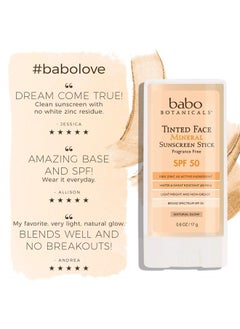 Babo Botanicals Tinted Moisturizing Face Mineral Stick Sunscreen SPF 50 with 70+ Organic Ingredients, Unscented, 0.6 Ounce  - Image 2