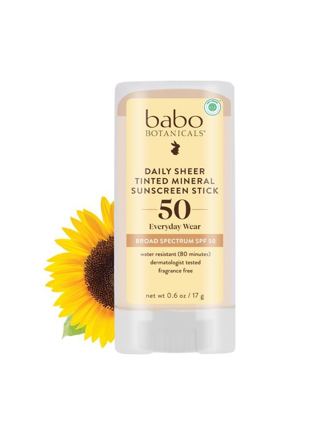 Babo Botanicals عصا واقي شمس معدني مرطب ملون للوجه SPF 50 مع 70+ مكون عضوي، بدون رائحة، 0.6 أونصة - Image 1