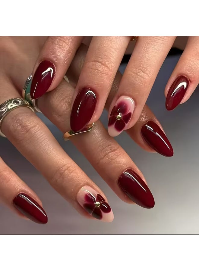 LANGMANNI 24pcs Short Press-On Nails | Water Droplet Shape with Wine Red & Golden Bead Floral Design, Glossy Finish, Easy Application for Daily Wear & Special Occasions, Includes Tools - Image 1