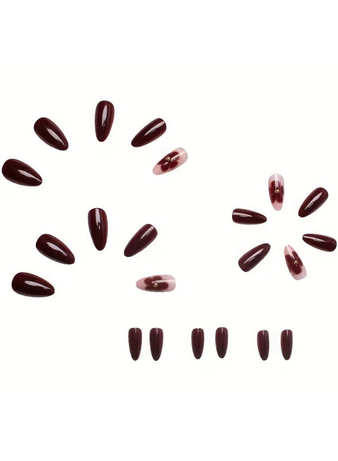 LANGMANNI 24pcs Short Press-On Nails | Water Droplet Shape with Wine Red & Golden Bead Floral Design, Glossy Finish, Easy Application for Daily Wear & Special Occasions, Includes Tools - Image 2