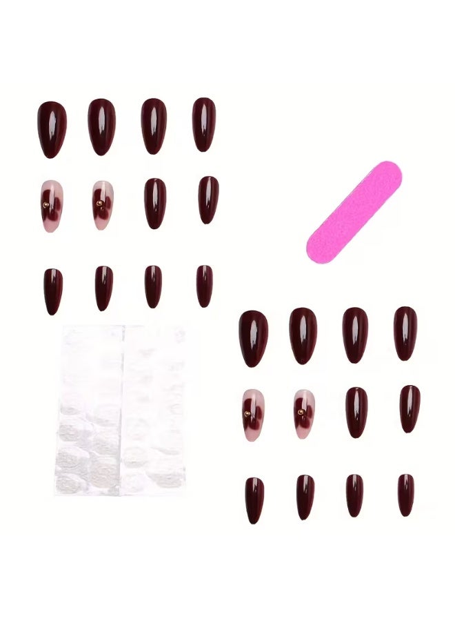 LANGMANNI 24pcs Short Press-On Nails | Water Droplet Shape with Wine Red & Golden Bead Floral Design, Glossy Finish, Easy Application for Daily Wear & Special Occasions, Includes Tools - Image 3