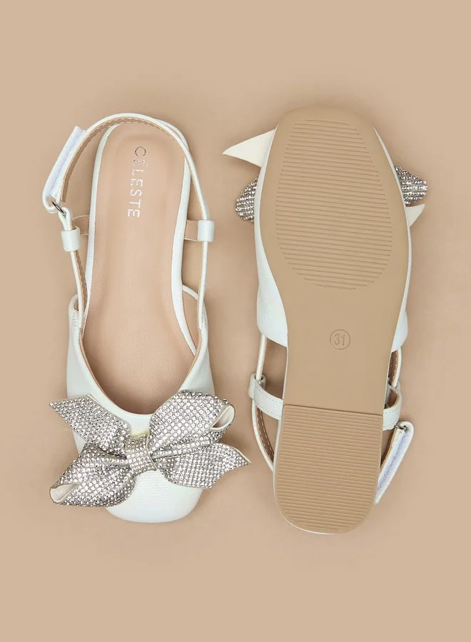 Celeste Girls' Bow Accent Round Toe Ballerina Shoes with Hook and Loop Closure